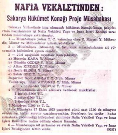 <p><strong>2.</strong> Sakarya  Hükümet Konağı Proje Müsabakasına dair <em>Milliyet</em> gazetesinde çıkan bir haber. <br /> Kaynak: Milliyet Gazetesi  Arşivi, 13 Temmuz 1955.</p>
